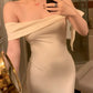 Off-the-Shoulder Satin Slim Maxi Dress, Elegant Date Night Gown gh7066