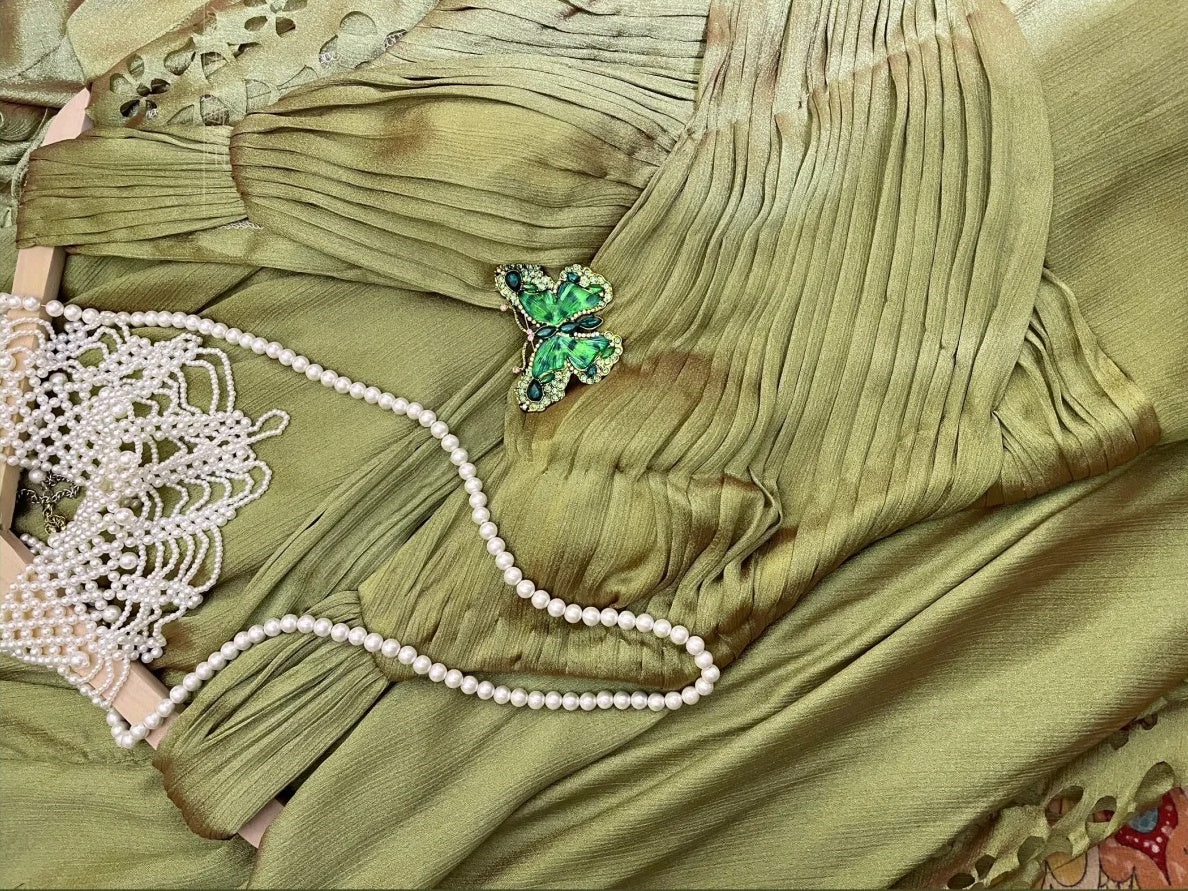 Green Vintage Elegant Butterfly Fashion Long Ruffled Satin Prom Dress Evening Gown Graduation Gown gh4258