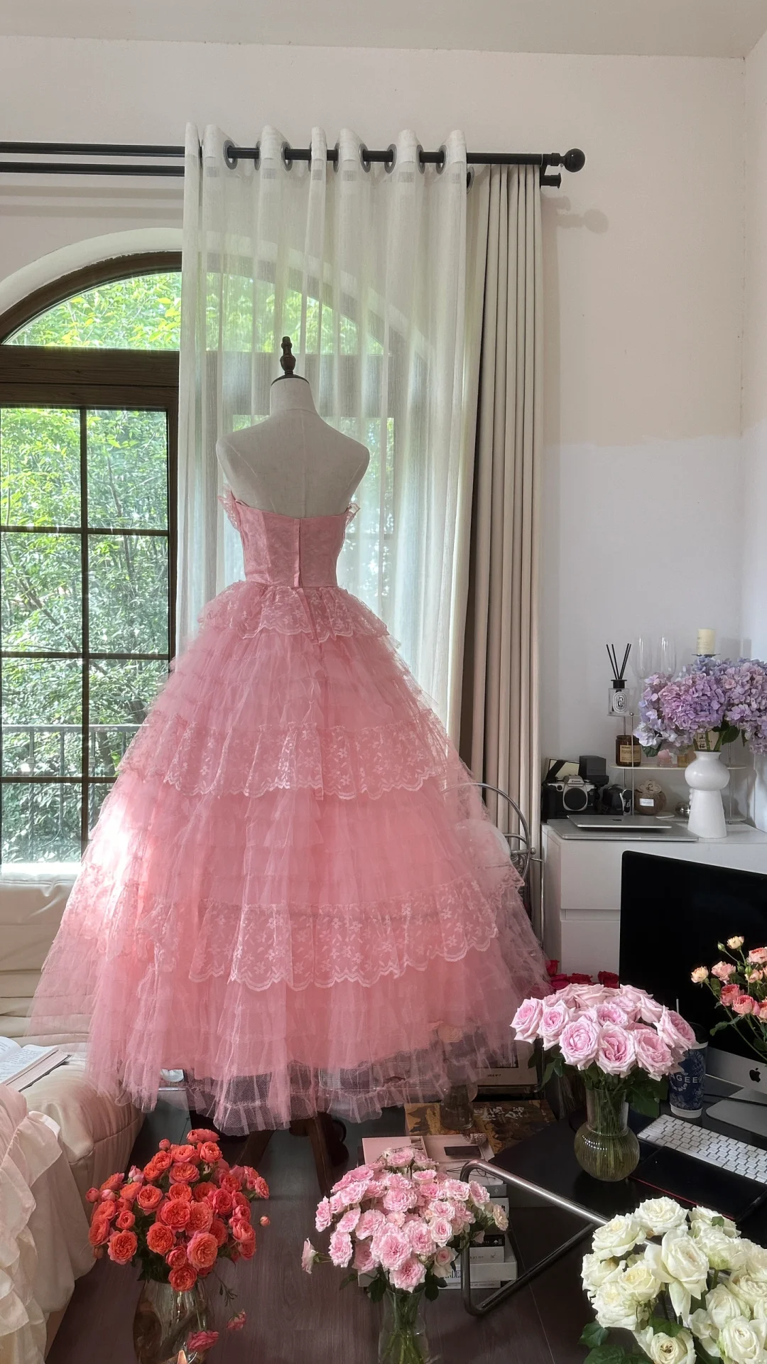 Robe de soirée princesse en tulle rose, élégante et exquise, avec nœud en dentelle, robe de bal, robe d'anniversaire, robe de cérémonie pour adulte, gh4033
