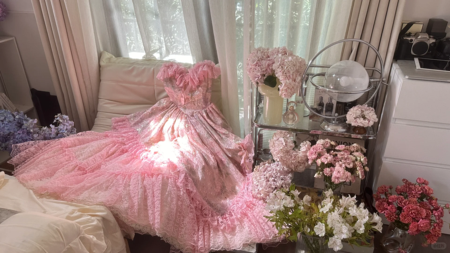 Robe de soirée en tulle rose, élégante et exquise, en dentelle florale, longue, princesse, robe de bal, robe d'anniversaire, robe de cérémonie pour adulte, gh4032