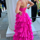 Robe de bal longue à bretelles spaghetti rose vif gh2790