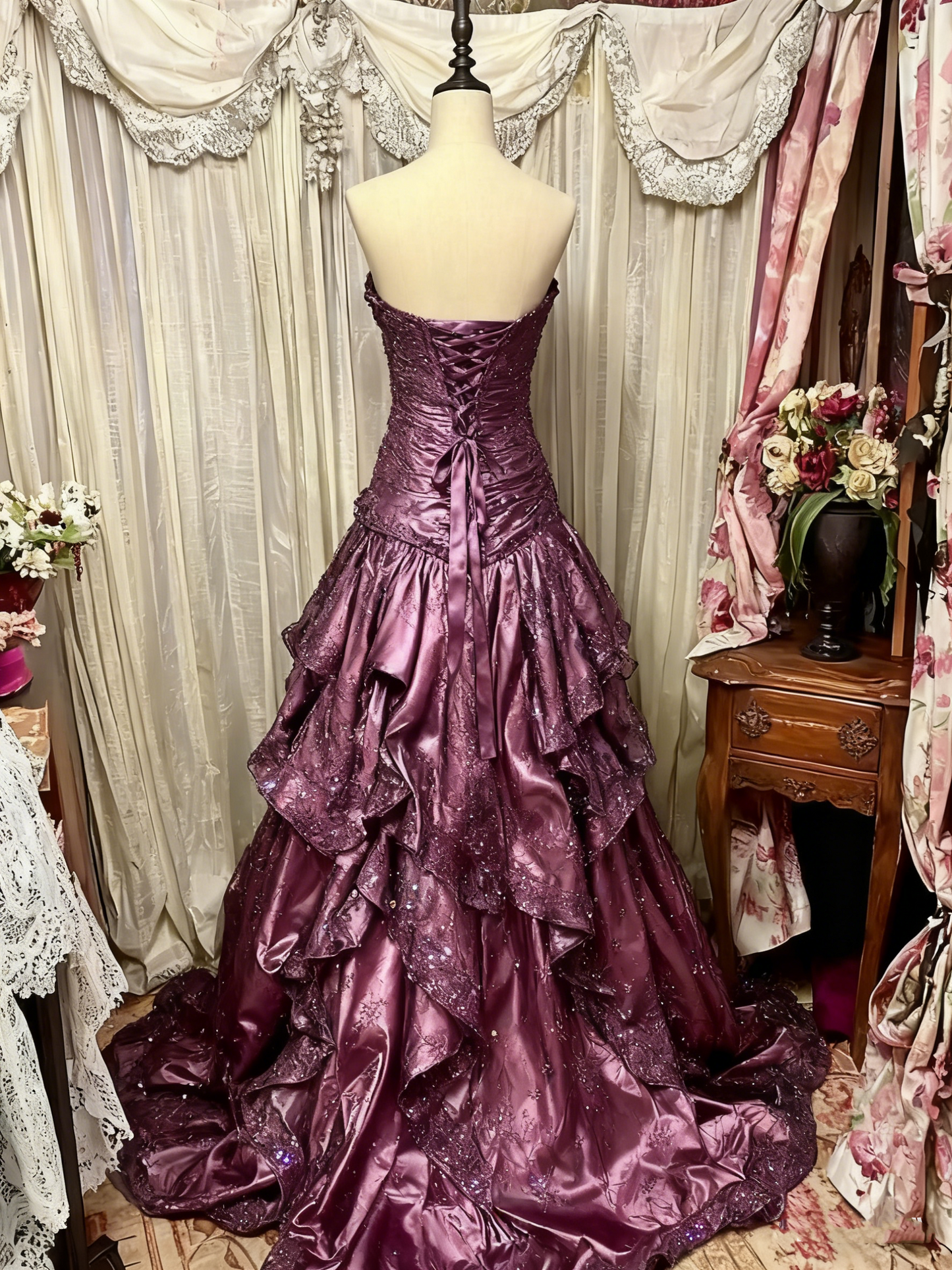 Purple Fashion Vintage Elegant Exquisite Beading Sweet Elegant Long Layered Tulle Floor Length Ball Gown Evening Dress Wedding Dress gh4158