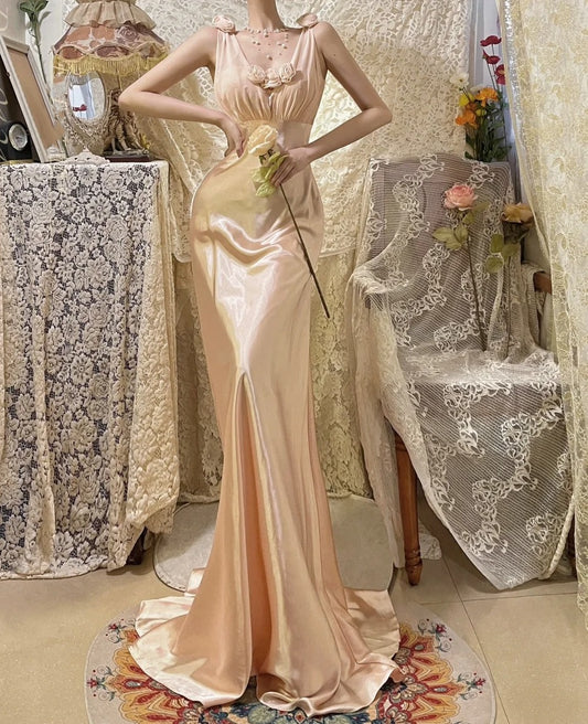 Robe de soirée longue en satin rose clair à fleurs Morandi gh4489