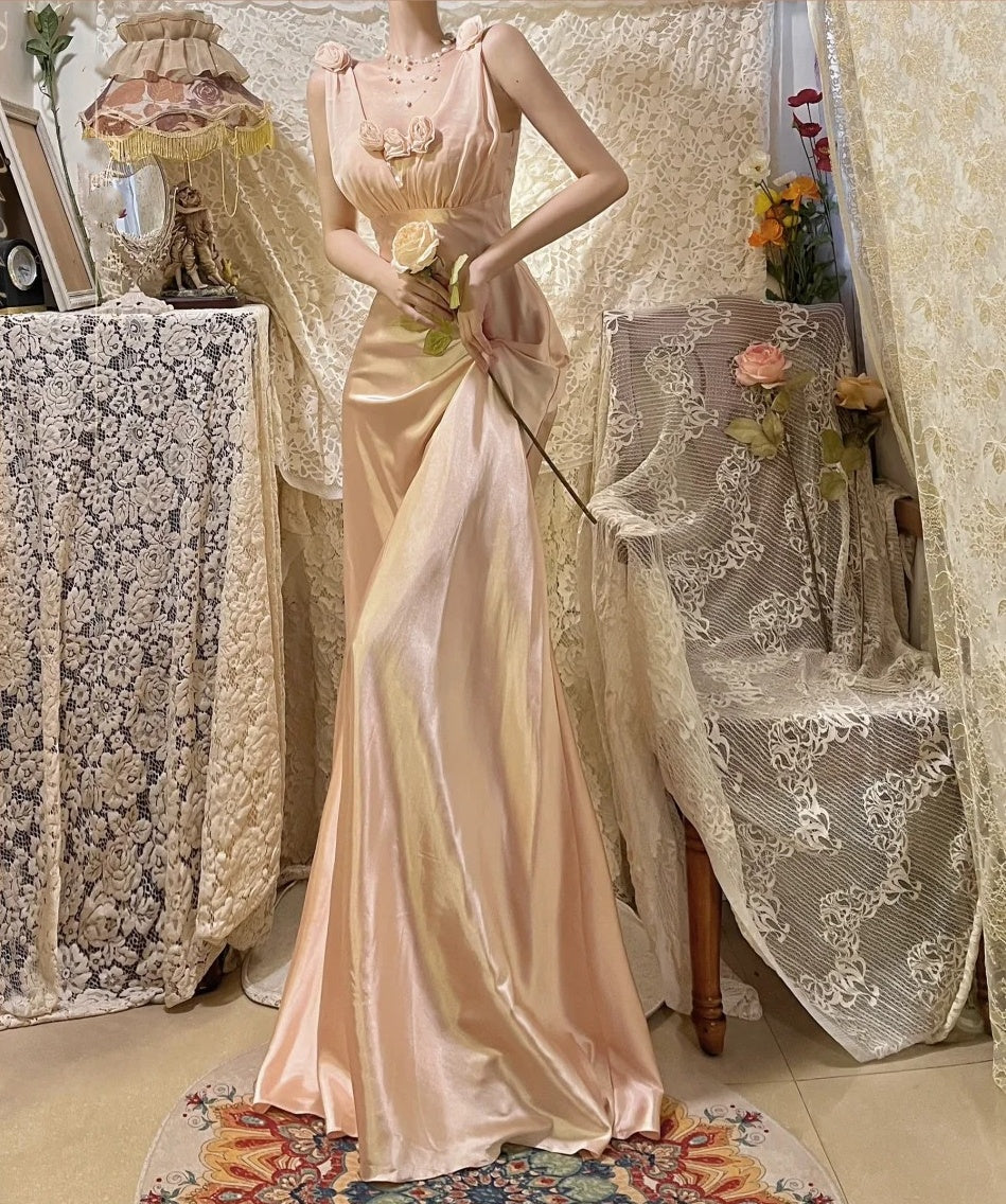 Robe de soirée longue en satin rose clair à fleurs Morandi gh4489