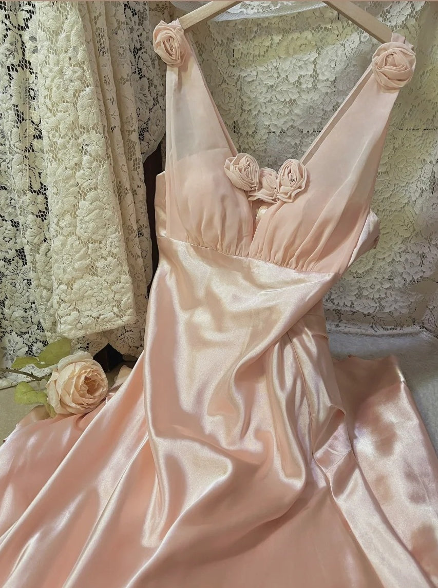 Robe de soirée longue en satin rose clair à fleurs Morandi gh4489