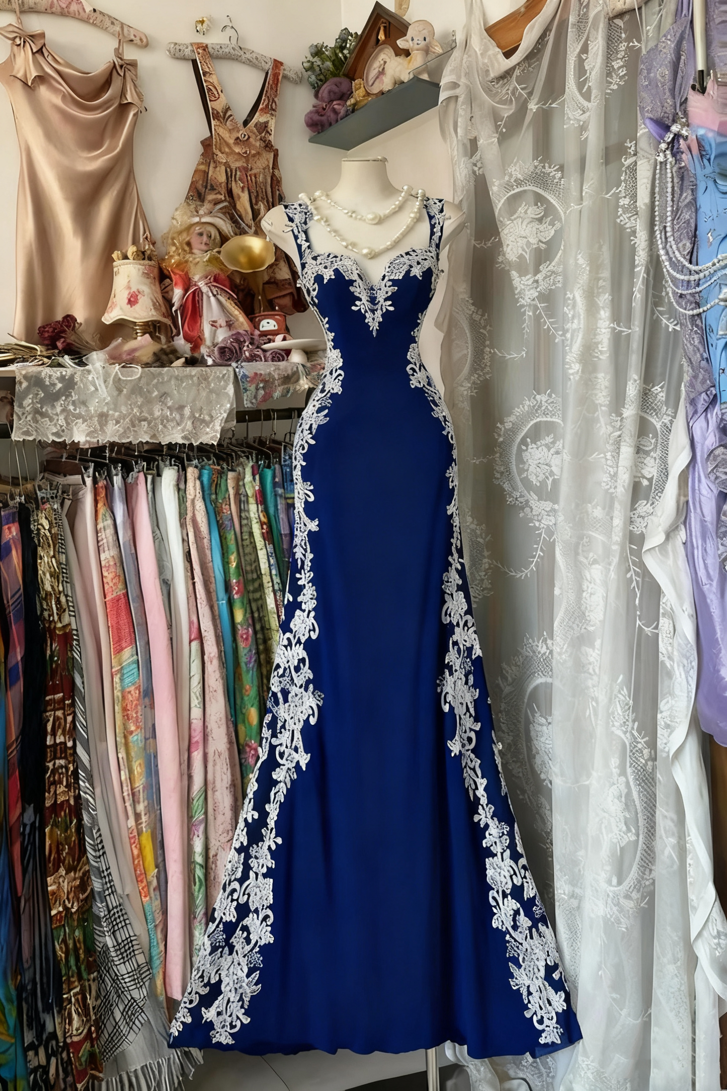 Girlhomeshops - Robe longue fantaisie d'anniversaire style rétro psychédélique en tulle noir et dentelle blanche à bretelles spaghetti gh5883