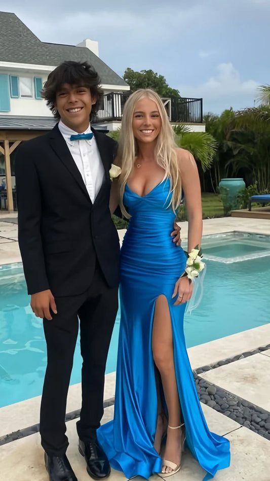 Blue Fashion Elegant V Neck Mermaid Long Sexy Slit Satin Slim Fit prom dress Evening Dress Party Dress gh3609