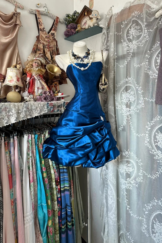 girlhomeshops-Blue Satin Back-To-School Dress, Short Birthday Dress gh6233