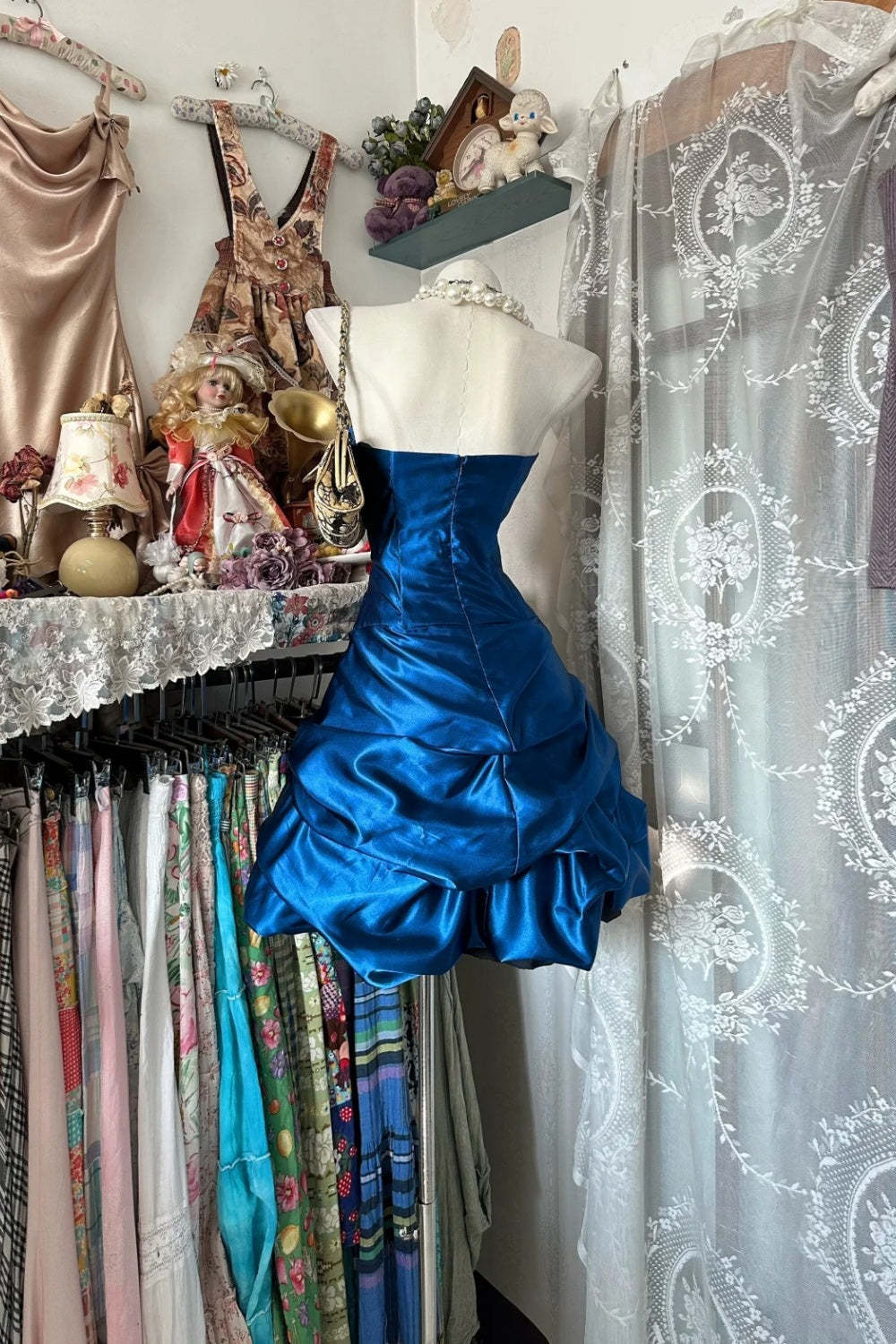 girlhomeshops-Blue Satin Back-To-School Dress, Short Birthday Dress gh6233