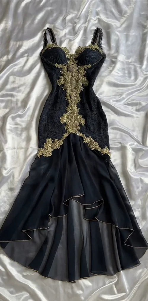 girlhomeshops-- Black exquisite gold lace elegant long chiffon ball gown ruffled evening dress gh5723