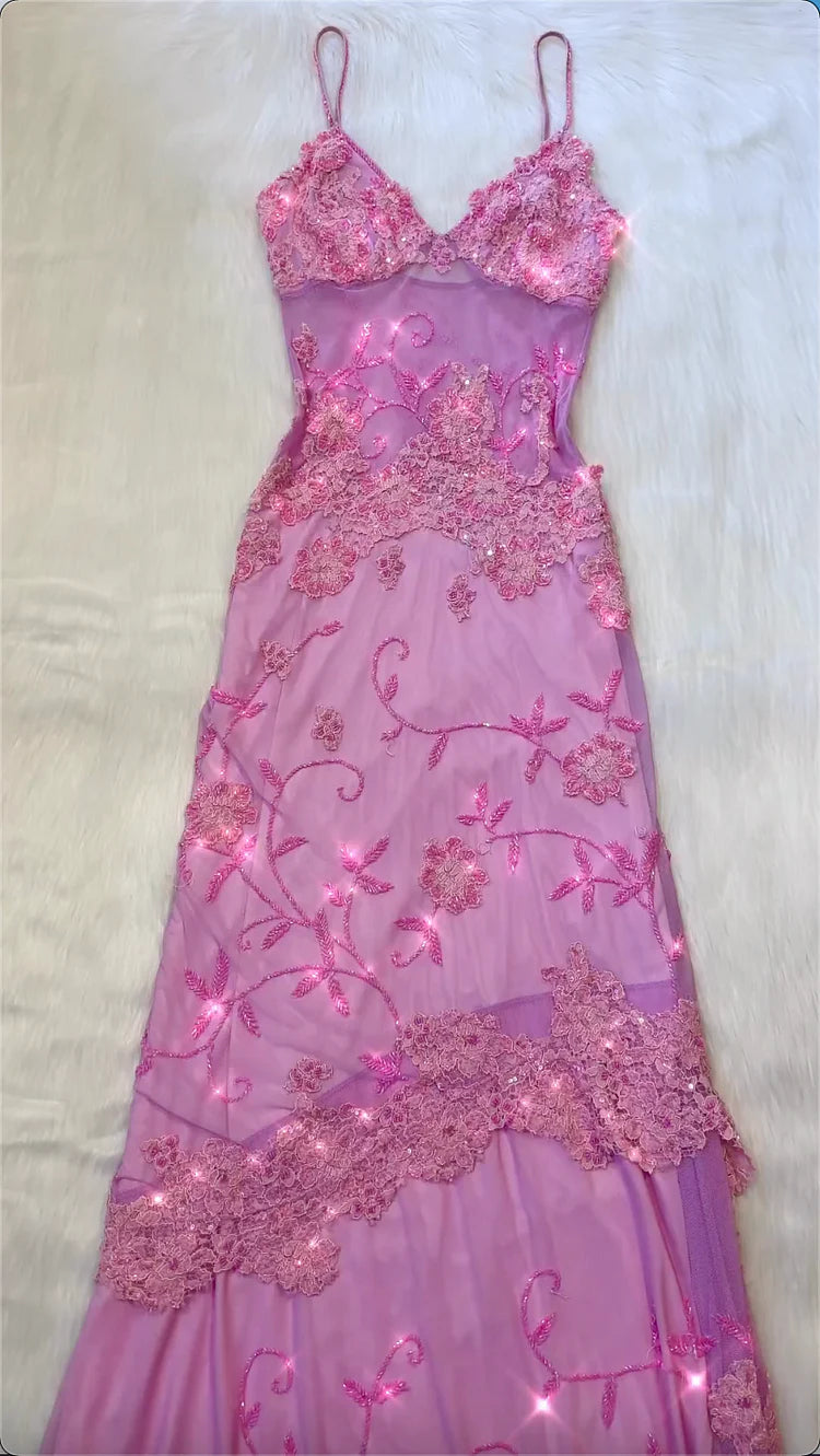 Pink Fashion Exquisite Beaded Spaghetti Strap A-Line Lace Floor Length Elegant Ball Gown Evening Dress gh3168