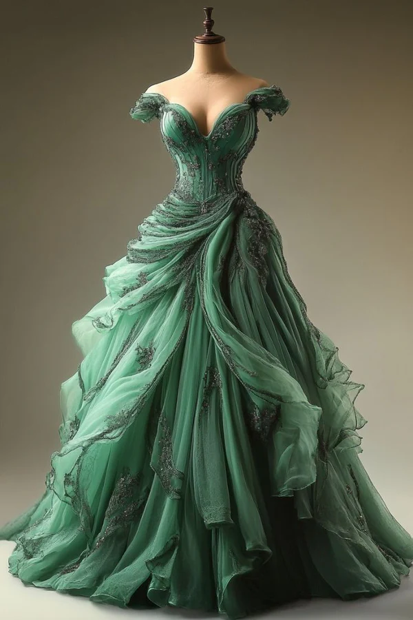 Robe de bal longue en tulle vert vintage avec perles gh4949