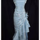 Blue shiny stylish elegant spaghetti straps long satin ball gown evening dress party dress gh3489