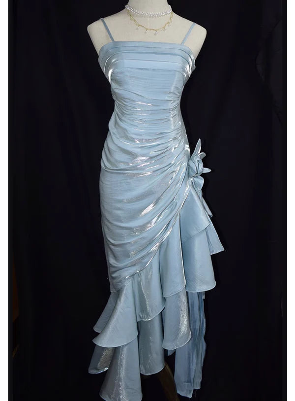 Blue shiny stylish elegant spaghetti straps long satin ball gown evening dress party dress gh3489