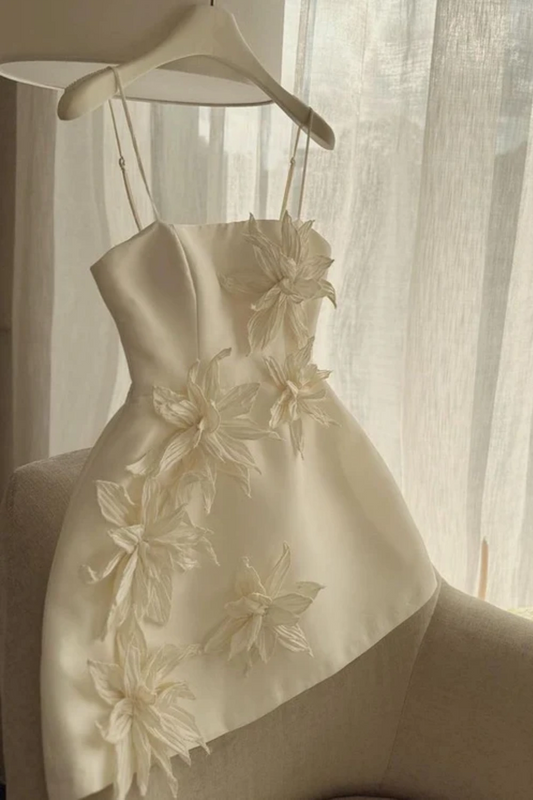 Girlhomeshops--White Floral Short Satin Homecoming Dress Birthday Party Dress gh5459