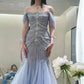 Blue gorgeous shiny beautiful off-shoulder exquisite beading long tulle mermaid slim fishtail skirt ball gown formal evening gown wedding dress gh3559