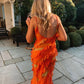 Orange Fashion Elegant Spaghetti Strap Long Ruffle Chiffon Ball Gown Evening Dress Party Dress Wedding Guest Dress gh3318