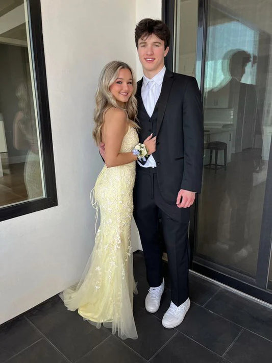 Robe de soirée longue en dentelle jaune élégante et délicate avec broderie florale et appliques gh3356