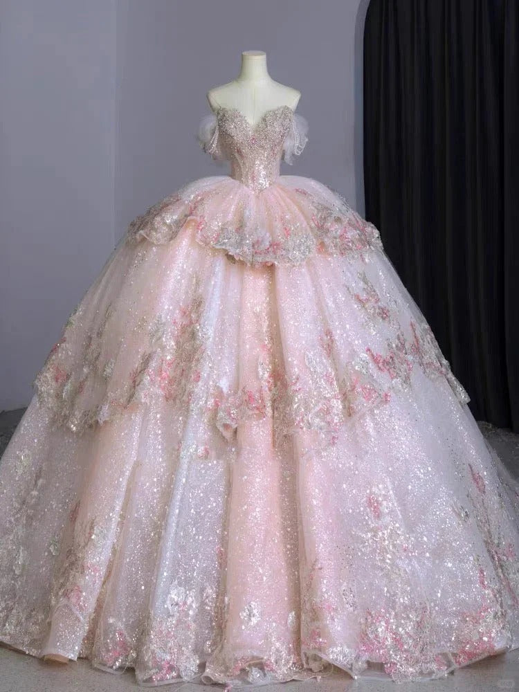 Robe de soirée longue en tulle rose ornée de perles gh4830