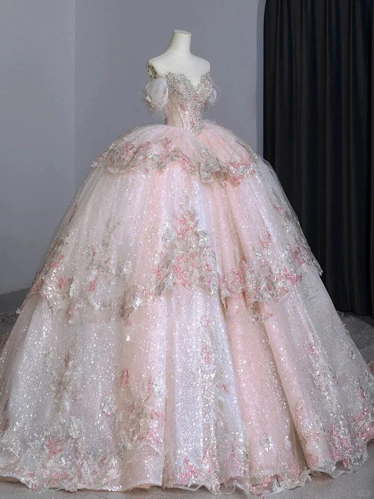 Robe de soirée longue en tulle rose ornée de perles gh4830