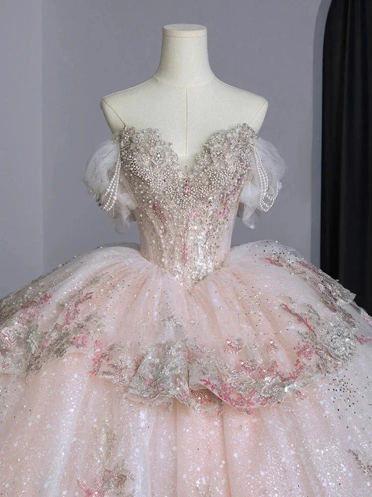 Robe de soirée longue en tulle rose ornée de perles gh4830