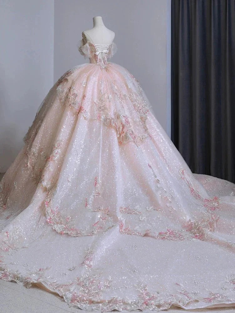 Robe de soirée longue en tulle rose ornée de perles gh4830