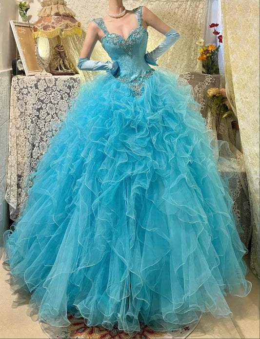 Blue gorgeous beaded long tulle organza ball gown evening dress gh4431
