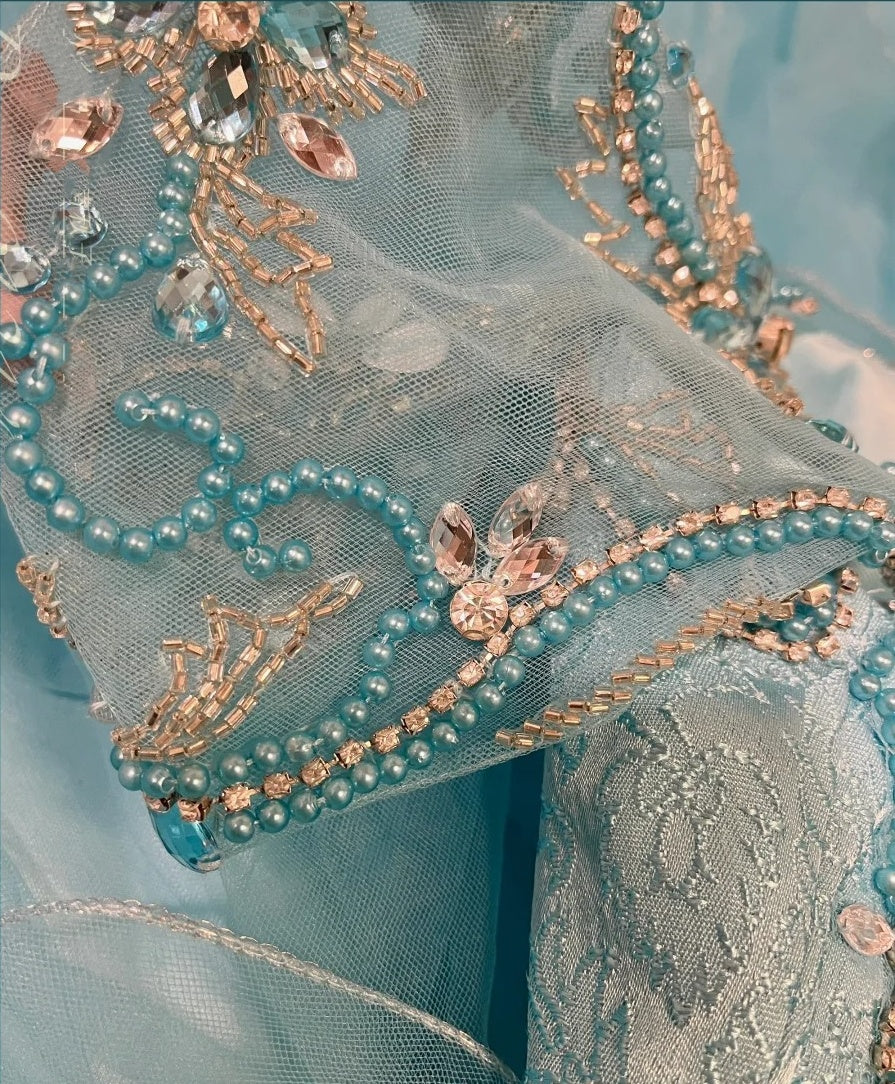 Wunderschönes, blaues, langes, mit Perlen besetztes Ballkleid aus Organza-Tüll gh4431