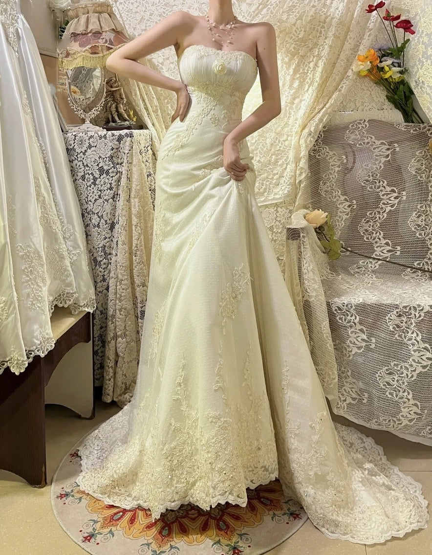 Robe de soirée longue en tulle et dentelle jaune clair, motif floral et perles, gh4488