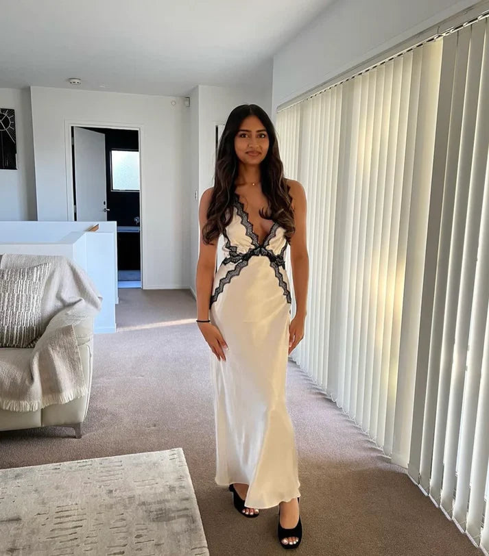 Champagne V-neck black lace mermaid long slim evening dress ball gown wedding guest dress gh3062