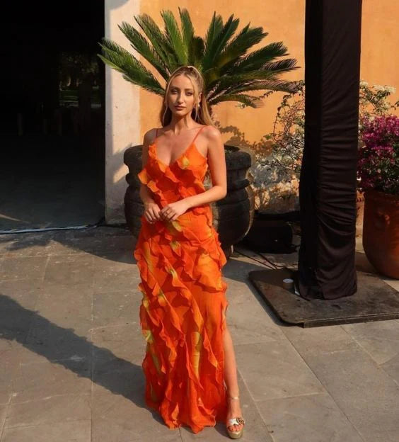 Orange Fashion Elegant Spaghetti Strap Long Ruffle Chiffon Ball Gown Evening Dress Party Dress Wedding Guest Dress gh3318