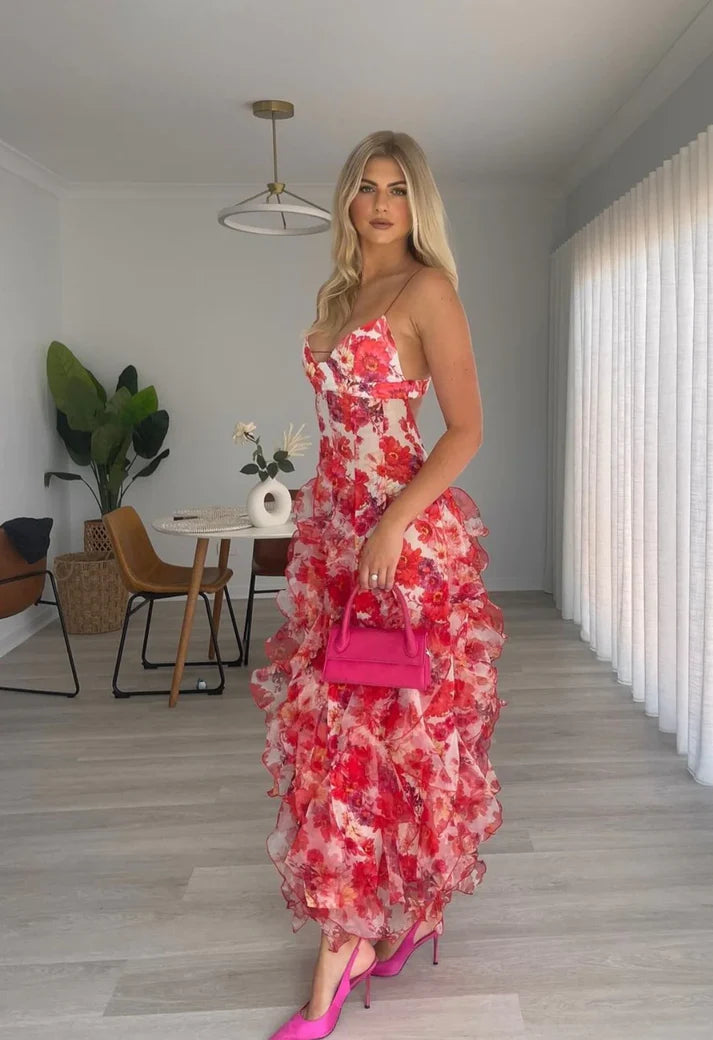 Hot Red Floral Print A-Line Backless Ruffle Long Chiffon Elegant Sexy Ball Gown Evening Dress Party Dress gh3185