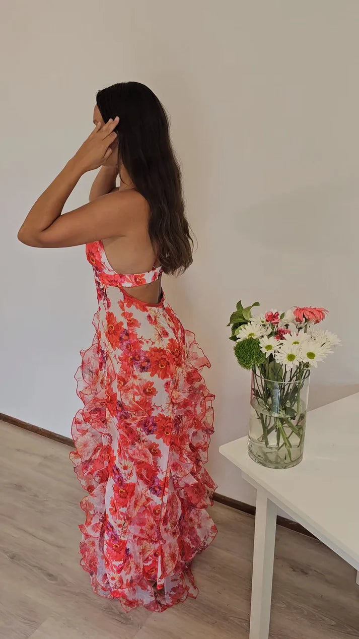 Hot Red Floral Print A-Line Backless Ruffle Long Chiffon Elegant Sexy Ball Gown Evening Dress Party Dress gh3185