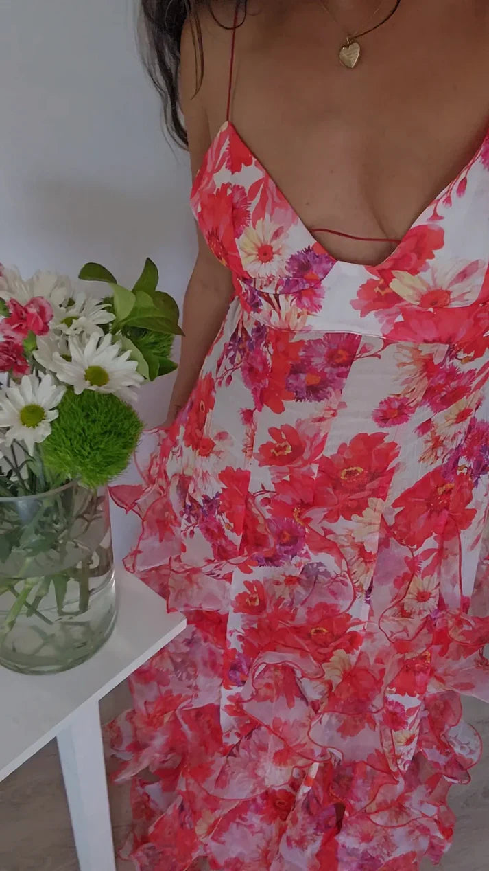 Hot Red Floral Print A-Line Backless Ruffle Long Chiffon Elegant Sexy Ball Gown Evening Dress Party Dress gh3185