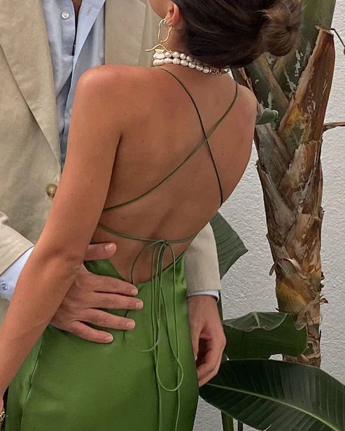 Robe de soirée longue en satin vert, simple et élégante, dos nu, à lacets, robe de bal, robe de soirée, robe d'invitée de mariage, gh3587