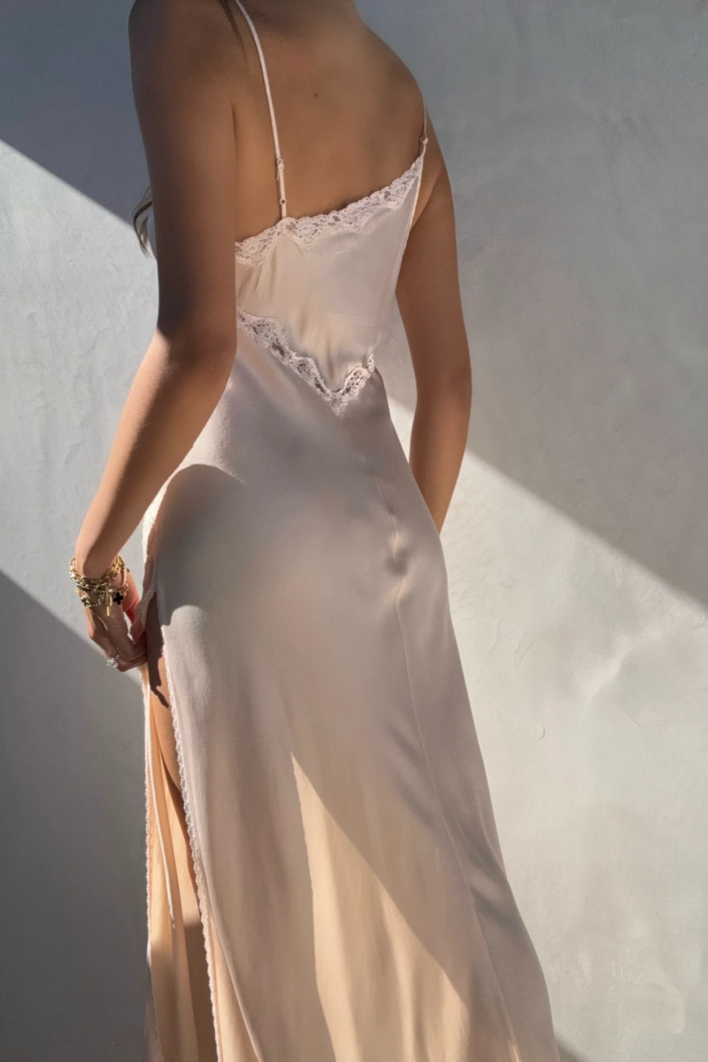 Girlhomeshops--Light pink sexy elegant lace long slit prom dress party dress gh5506