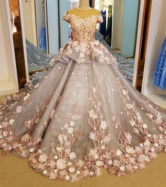Hellrosa, wunderschönes, zartes, florales Applikations-Abendkleid mit langer Schleppe aus Tüll, Ballkleid, gh3324