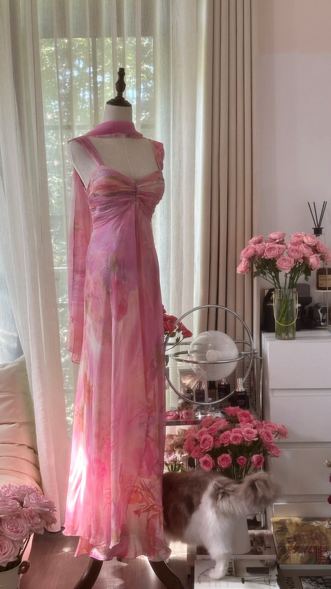 girlhomeshops-Formal Dress Pink Printed Chiffon Spaghetti-Strap Open-Back Floor-Length Fairy-Style Gown gh6377
