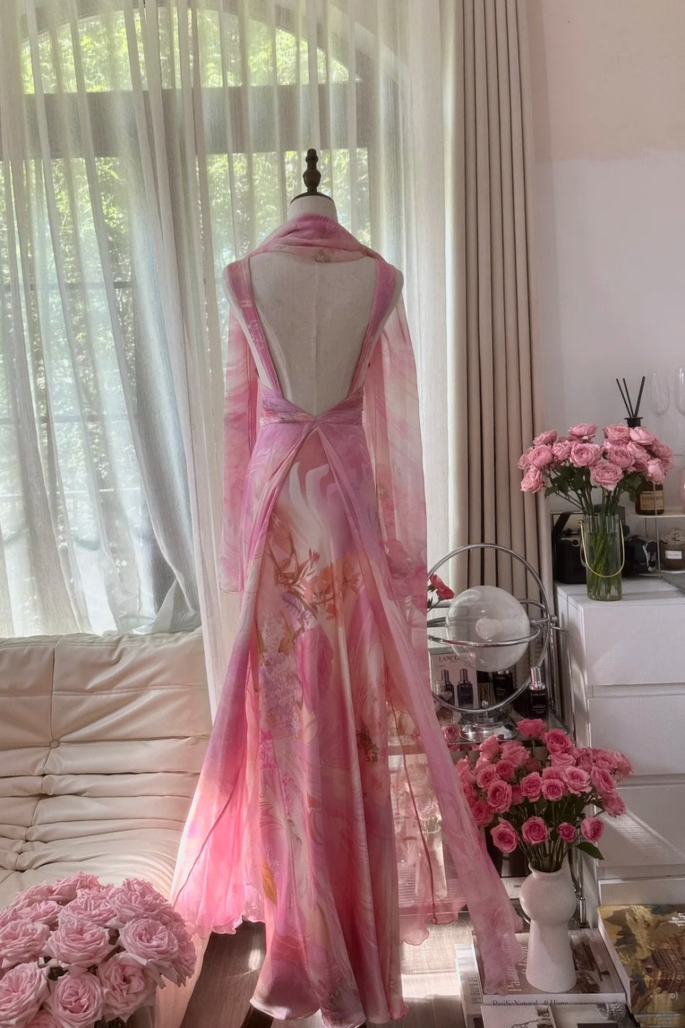 girlhomeshops-Formal Dress Pink Printed Chiffon Spaghetti-Strap Open-Back Floor-Length Fairy-Style Gown gh6377