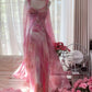 girlhomeshops-Formal Dress Pink Printed Chiffon Spaghetti-Strap Open-Back Floor-Length Fairy-Style Gown gh6377