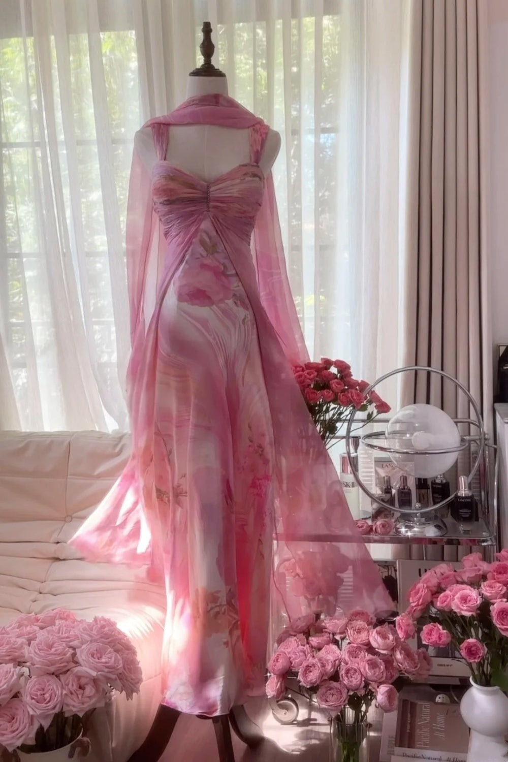 girlhomeshops-Formal Dress Pink Printed Chiffon Spaghetti-Strap Open-Back Floor-Length Fairy-Style Gown gh6377