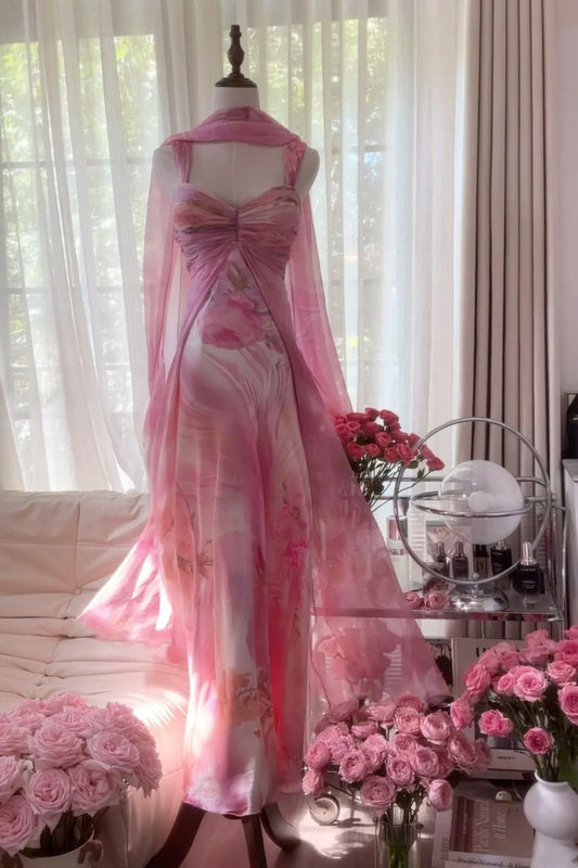 girlhomeshops-Formal Dress Pink Printed Chiffon Spaghetti-Strap Open-Back Floor-Length Fairy-Style Gown gh6377