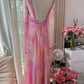 girlhomeshops-Formal Dress Pink Printed Chiffon Spaghetti-Strap Open-Back Floor-Length Fairy-Style Gown gh6377