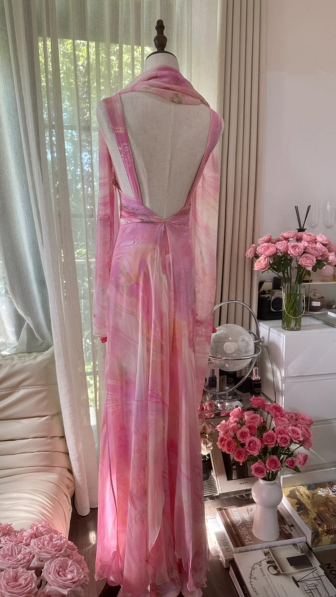 girlhomeshops-Formal Dress Pink Printed Chiffon Spaghetti-Strap Open-Back Floor-Length Fairy-Style Gown gh6377