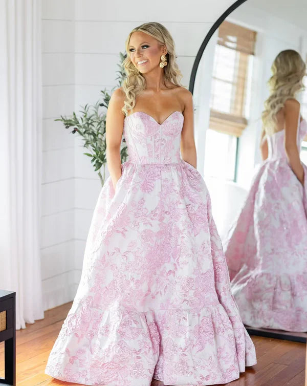 Pink Sweet Heart Neck Beautiful Floral Long Satin Ball Gown Evening Dress Party Dress gh3298