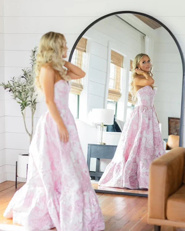 Pink Sweet Heart Neck Beautiful Floral Long Satin Ball Gown Evening Dress Party Dress gh3298