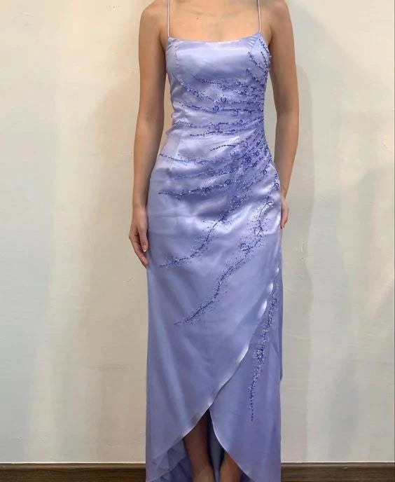 Purple Fashion Exquisite Floral Beading Elegant Spaghetti Strap Long Satin Ball Gown Evening Dress Party Dress Prom Dress gh3783