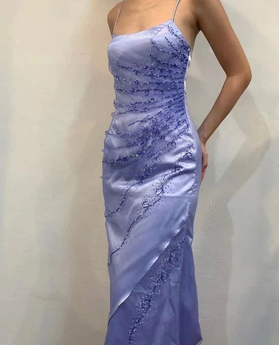 Purple Fashion Exquisite Floral Beading Elegant Spaghetti Strap Long Satin Ball Gown Evening Dress Party Dress Prom Dress gh3783