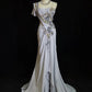 Robe de soirée longue en satin gris avec broderies et perles exquises, sequins, bretelles spaghetti, robe de bal, gh4103