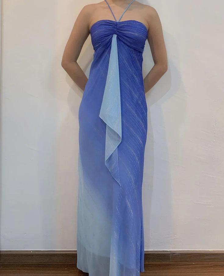 girlhomeshops-Blue-White Gradient Halter Sleeveless Floor-Length Gown gh6350